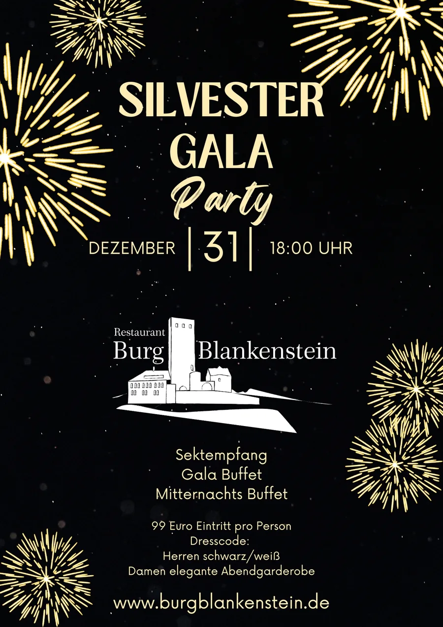 Plakat zur Silvester-Gala-Party 2026 auf der Burg Blankenstein mit goldenem Feuerwerk